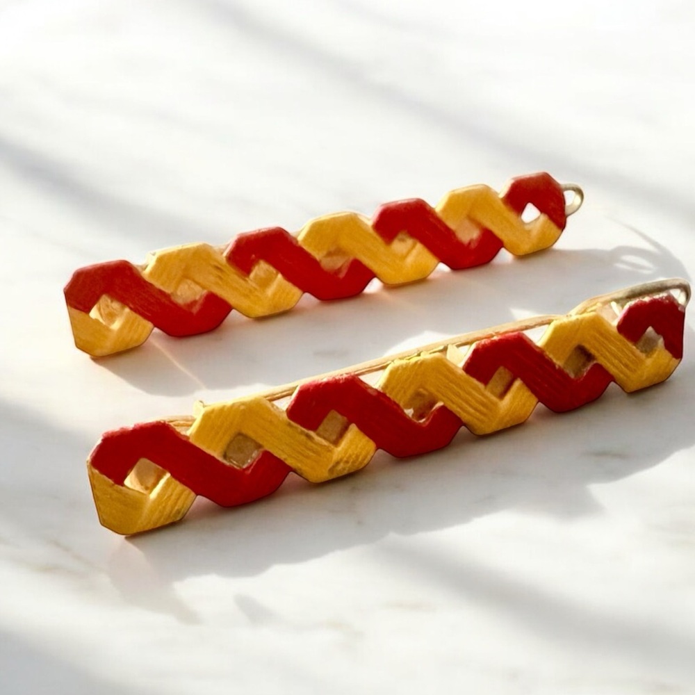 1970’s Vintage Red & Yellow French Metal Hair 2”, Unworn, One Pair